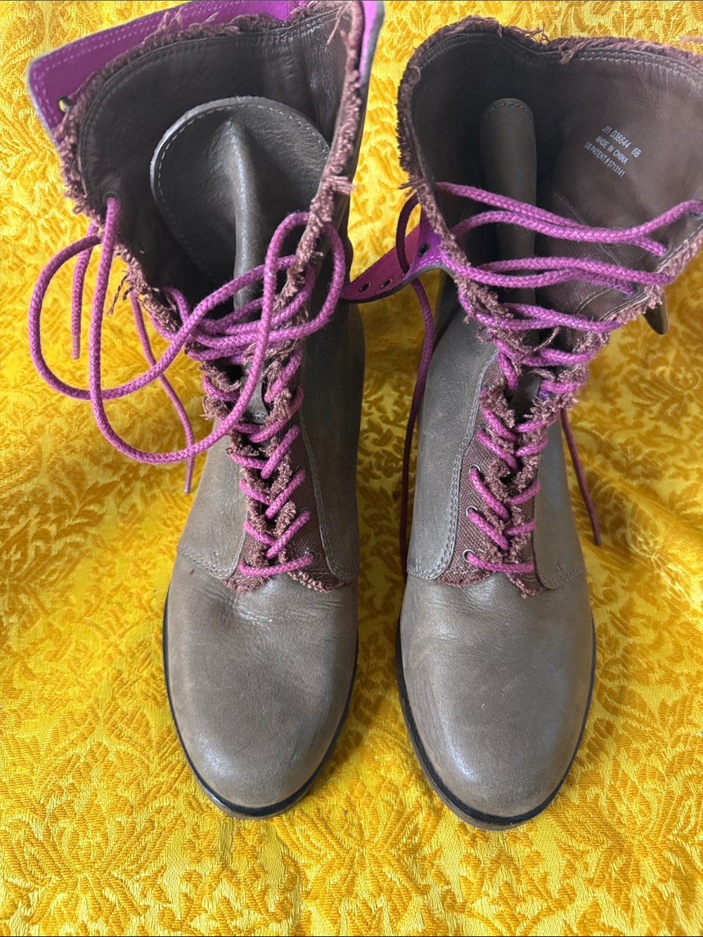 Cole Haan Taupe Leather Lace-Up Boots with Purple Trim